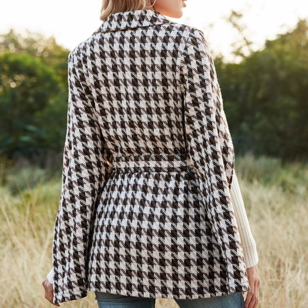 Houndstooth Pattern Belted Tweed glam Cape  Coat - Picture 13 of 15